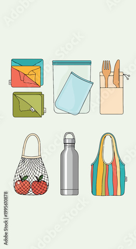 A colorful illustration of eco-friendly reusable bags and containers
