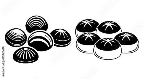 Black and white vector illustration of traditional steamed buns and dumplings