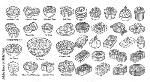 Set of hand drawn traditional Thai desserts in line art style
