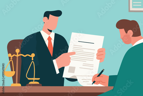Vector  A Client Signs an Agreement With a Lawyer Illustration Creative Design Template 