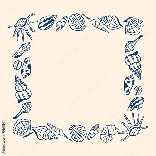 Square frame of hand-drawn shells and mollusks in Mediterranean style. Blank border template for nautical-themed designs. Vector graphic