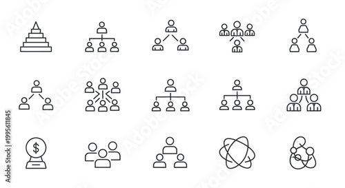 Black and white line icons depicting business organization structures and teamwork.