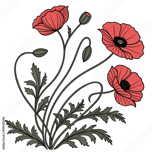 A delicate illustration showcases vibrant red poppy flowers with dark centers accompanied by curved stems buds and textured green foliage high quality professional detailed modern elegant