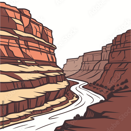 A vibrant illustration depicts a winding river flowing through a majestic canyon with layered reddish brown rock formations high quality professional detailed modern elegant stylish clean