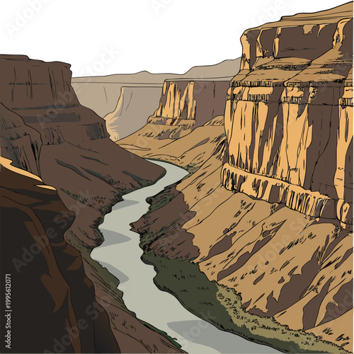 A colorful illustration depicts the grand canyon showcasing layered rock formations and a winding river flowing through the landscape high quality professional detailed modern elegant stylish