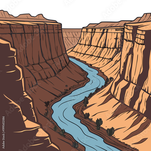 A vibrant illustration depicts a winding river flowing through a dramatic canyon landscape with layered rock formations high quality professional detailed modern elegant stylish clean crisp