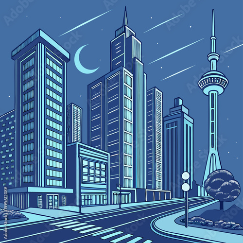Night cityscape with modern buildings crescent moon iconic communication tower along a street with crosswalk city life cityscape building skyscraper architecture crosswalk downtown