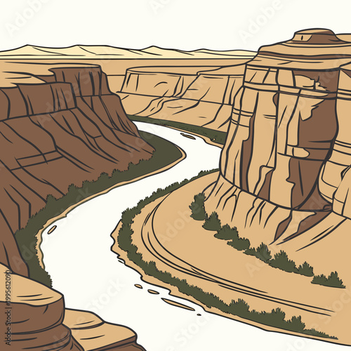 An illustrated view depicts the grand canyon with a winding river flowing through its layered colorful rock formations high quality professional detailed modern elegant stylish clean
