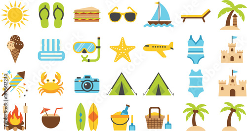 Colorful summer vacation and beach holiday collection featuring sun flip flops sailboat surfboard sandcastle crab tent and palm tree vector illustration set