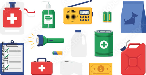 Emergency survival kit and disaster preparedness supplies collection featuring first aid radio flashlight battery water food and fuel flat style vector illustration set