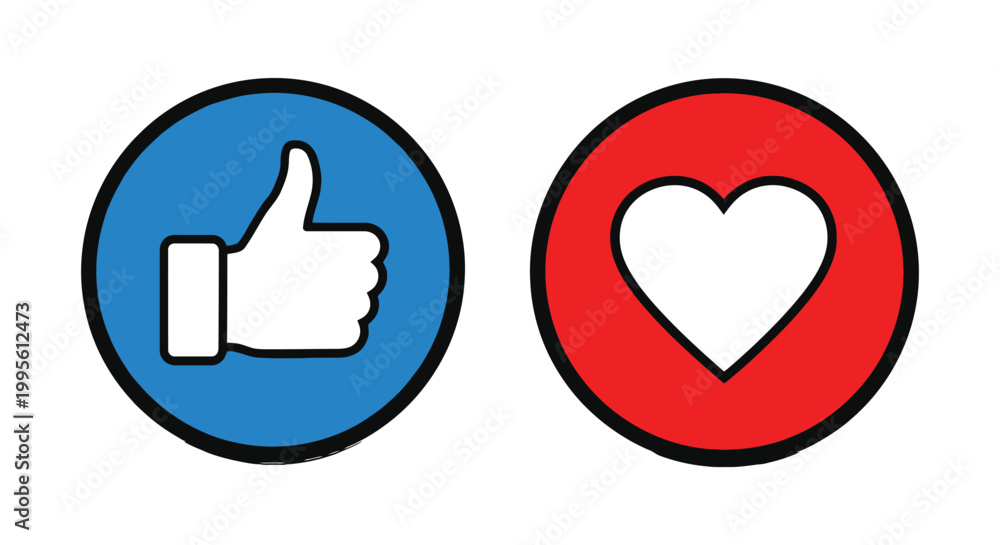 Fototapeta premium Digital social media vector graphic icons featuring a blue thumbs-up and a red heart-shape design
