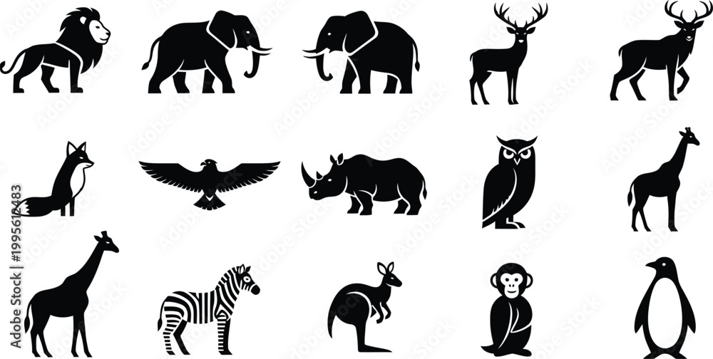 Fototapeta premium Silhouette collection of diverse animals a wildlife illustration