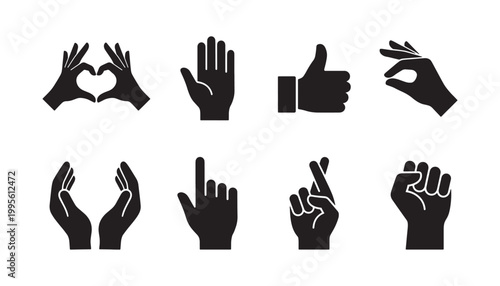 Hand gesture silhouette icon set expressing love approval protest luck and interaction for app UI and communication design