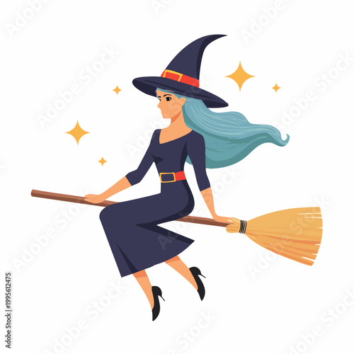 Witch Flying on Broomstick with Stars