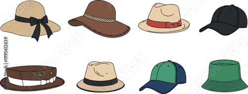 Vector Illustration of Various Hats Including Fedora, Baseball Cap, Bucket Hat, and Sun Hat for Fashion and Accessory Designs