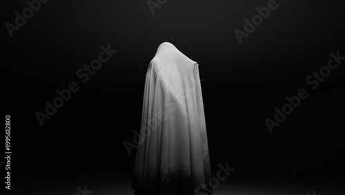 Spooky Halloween Spooky Ghost Horror Figure Haunting Spirit with Hand Out in Dark Mysterious Shadows 3d illustration