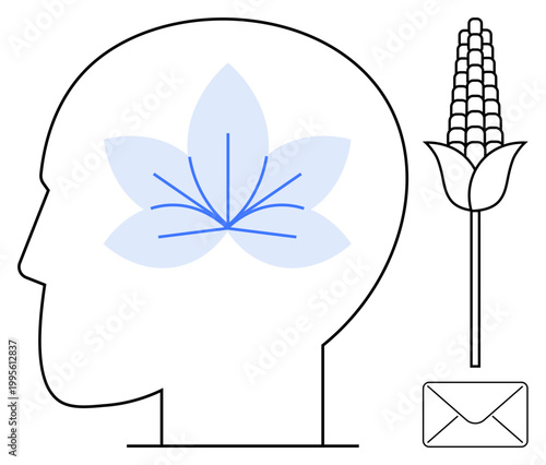 Mental health, agriculture, nature, communication, environmental sustainability, wellness. Silhouette of head with flower and corn next to an envelope. Mental health and agriculture concept