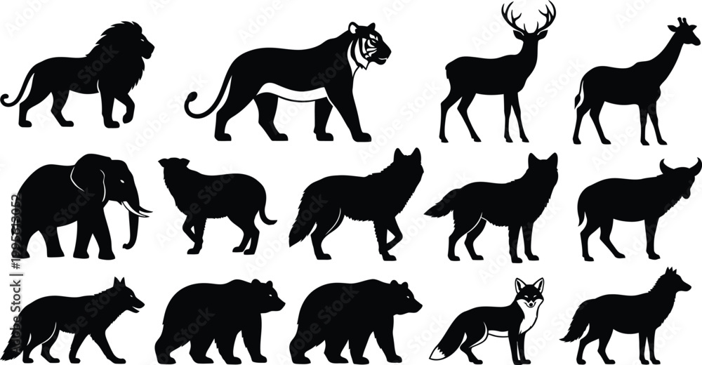 Fototapeta premium Silhouette collection of diverse african wildlife animals in a single frame