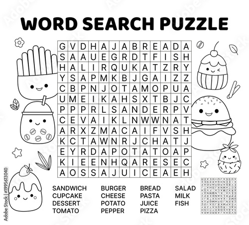 Black and white word search game puzzle for kids. Fast food. English words. Isolated vector illustration eps 10