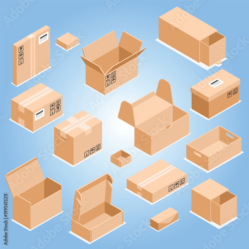 Isometric cardboard packaging boxes post pack paper boxes different forms and size isolated box for parcel delivery service flawless vector set commerce stock recycle template rectangular paperboard 
