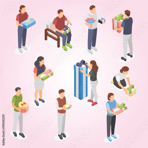 Isometric people with gift boxes men woman holding opens packing vibrant present box gifting time birthday party christmas holidays flawless vector set excitement happiness exchange 3d unboxing