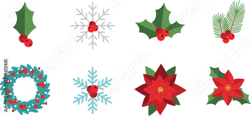 Christmas botanical decoration collection featuring holly berry snowflake poinsettia pine branch and wreath in red and green flat style vector illustration set