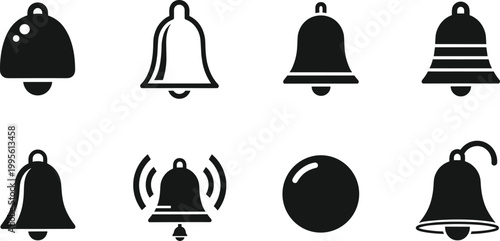 Black silhouette bell icon collection in various styles including ringing striped and round notification alarm symbol flat style vector illustration set