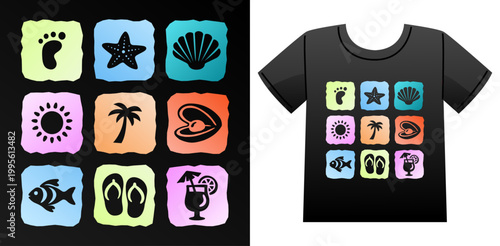 Retro Summer Beach Fun Icon Set Vector Illustration, Tropical Themed elements with Seashell, Sunrise, Cocktail, Fish, Pearl, Palm tree, Starfish, Footprint for T-Shirt Print, Poster, Coastal Design