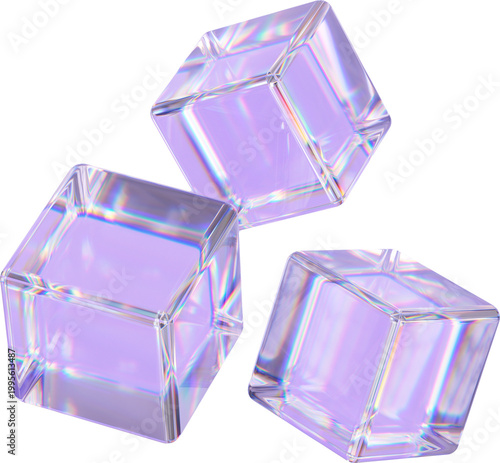 3D Colorful Glass abstract cube shape element. Glossy iridescent geometric form. Crystal glass illustration with gradient dispersion effect