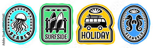 Summer Beach Postage Patch Sticker Pack, Coastal Vacation Travel Vibes Doodle Print, Hand Drawn Ocean Postal Stamps Vector Illustration for T-Shirt Print, Poster, Scrapbook, Tropical Logo Design