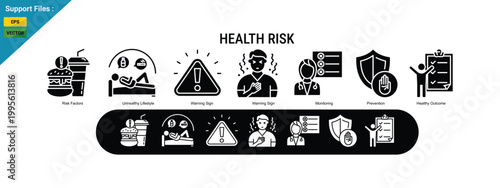 Health Risk Concept with Warning, Disease Prevention and Medical Awareness Illustration. glyph icon set