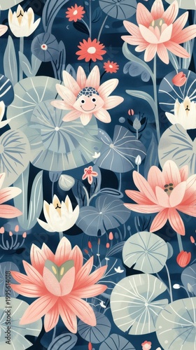 Lotus flowers floating among large leaves on dark backdrop