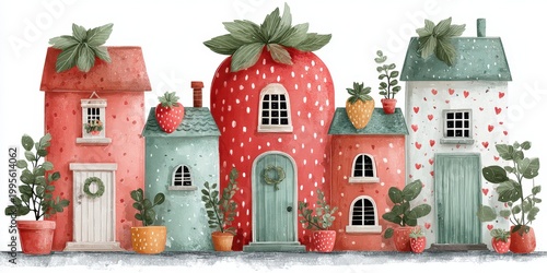 Row of strawberry inspired houses aligned in whimsical village