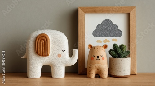 Elephant and bear figurines arranged on wooden shelf with plant
