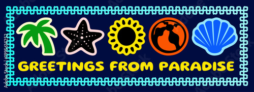 Retro Summer Beach Paradise Banner Design, Vintage Flat Vector Illustration of Palm Tree, Starfish, Sun, Volleyball, Seashell for Apparel, T-Shirt Prints, Posters, Travel and Vacation Designs