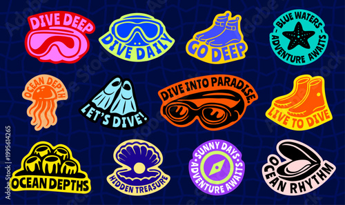 Retro Diving and Snorkeling Sticker set, Vintage Scuba Adventure Badge Collection With Goggles, Fins, Diving Boots, Jellyfish, Shell, Starfish Flat Vector Illustration for t-shirt print, beachwear
