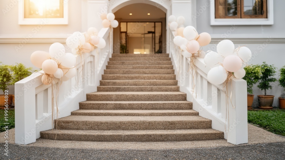 Fototapeta premium Grand entrance decorated with balloons along outdoor staircase