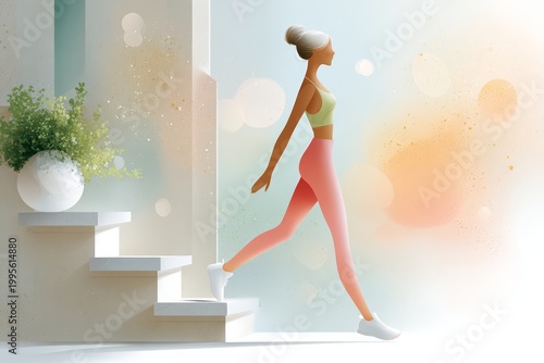 Young woman stepping down stairs in modern bright interior space