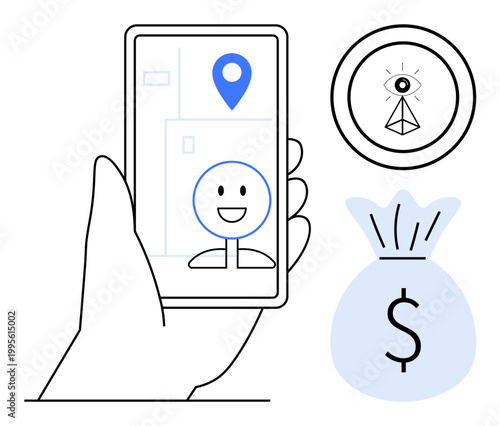 Digital security, navigation systems, financial transactions, identity tracking, user interface, risk management. Smartphone with GPS, a face icon all-seeing eye and money bag. Digital security