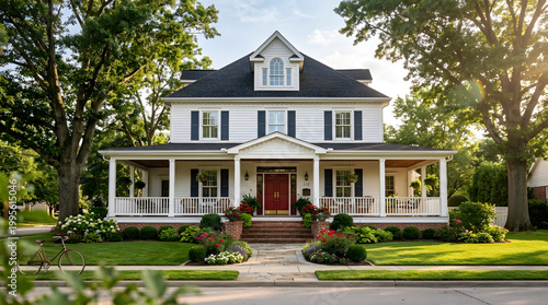 Elegant Colonial Home: A beautifully maintained colonial home exudes charm and sophistication, showcasing classic architecture amidst a serene, tree-lined streetscape. 