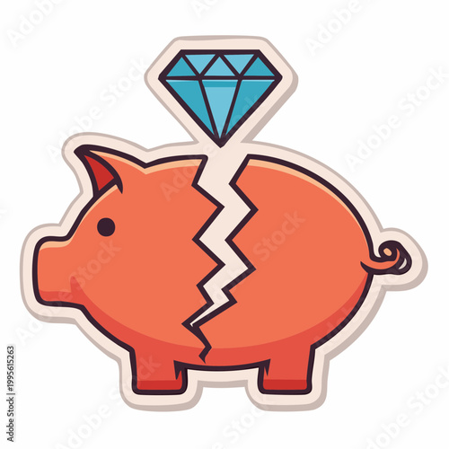 Broken Piggy Bank with Diamond