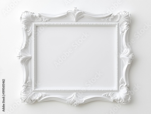 White ornate picture frame with a blank empty space, providing a vintage classic elegant border for creative content, a baroque rococo architectural detail