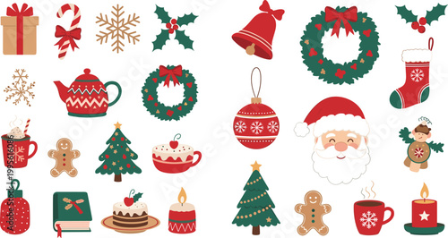 Cute Christmas holiday elements collection featuring Santa wreath stocking gingerbread tree bell snowflake candle and cocoa flat style vector illustration set