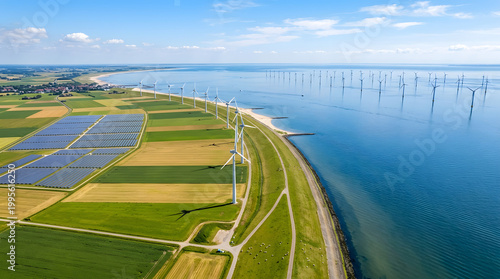 Harnessing the Wind and Sun: An expansive coastal landscape merges sustainable technologies, solar panel and wind turbines, against a scenic backdrop of sea and sky.
