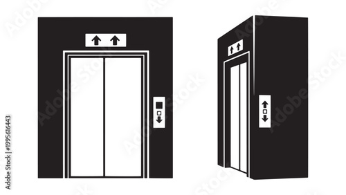 Modern black and white vector illustration of an elevator lift with closed doors and call buttons, symbolizing vertical transportation in contemporary buildings.