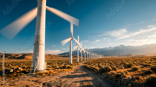 Harnessing the Wind: A majestic row of wind turbines stands tall against a vast landscape, their blades gracefully spinning as they generate clean energy.