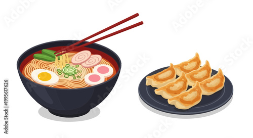Delicious japanese ramen noodle soup and gyoza dumplings isolated illustration