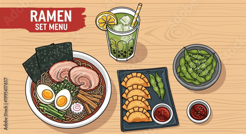 Delicious japanese ramen set menu illustration with various dishes and drinks