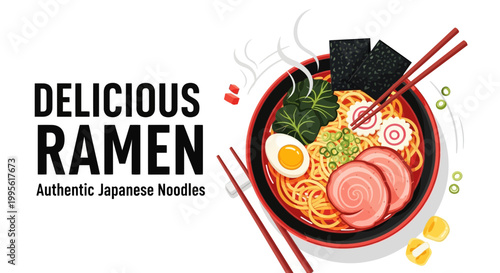 Delicious ramen authentic japanese noodles in a vibrant illustrated bowl