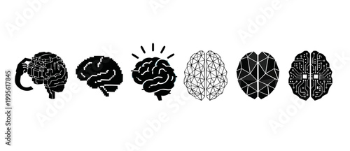 Artificial Intelligence Brain Icons Set, Digital Neural Network Symbols for Technology and Innovation, Abstract Human Mind Graphics in Pixel Art, Geometric and Circuit Board Style for Data Science Con